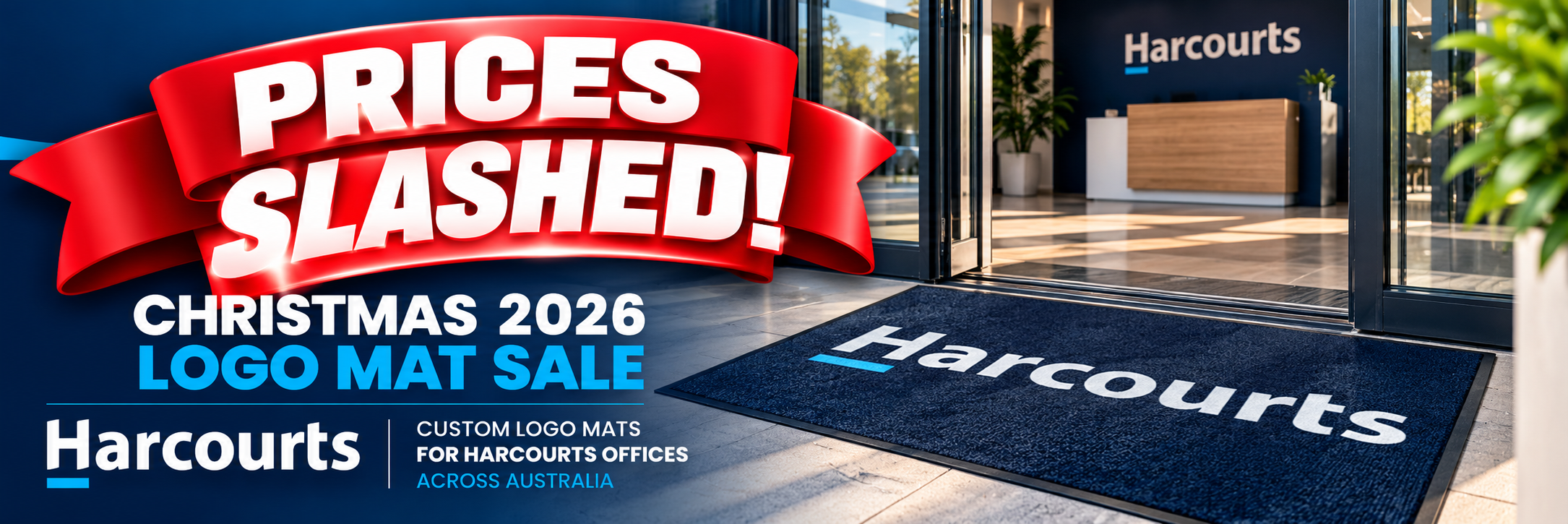 PRICES SLASHED! Christmas 2026 logo mat sale. Custom logo mats for Harcourts offices across Australia
