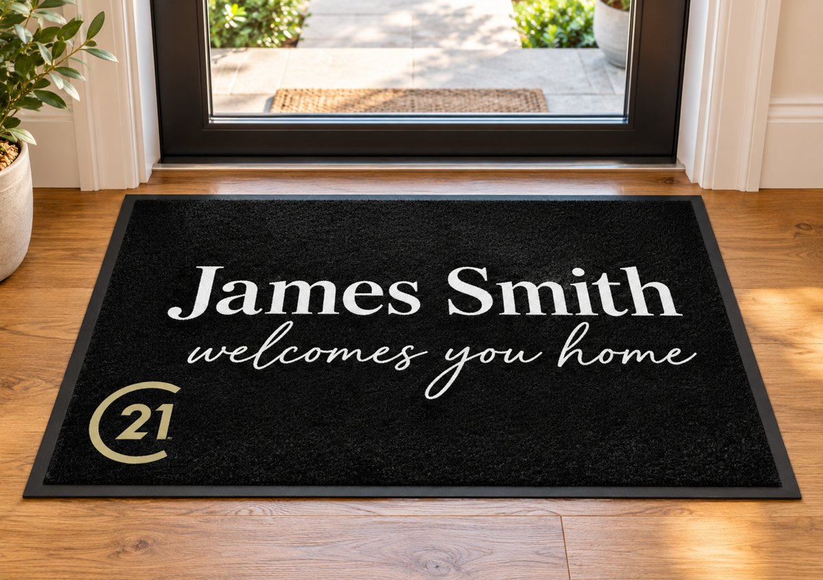 Black mat reading James Smith welcomes you home with the Century 21 logo