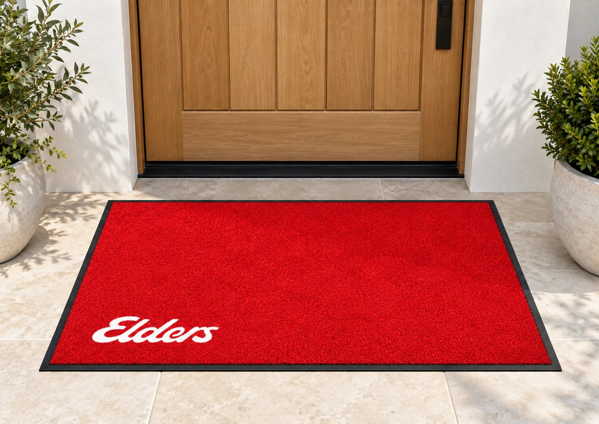 Red logo mat with the Elders logo in the corner