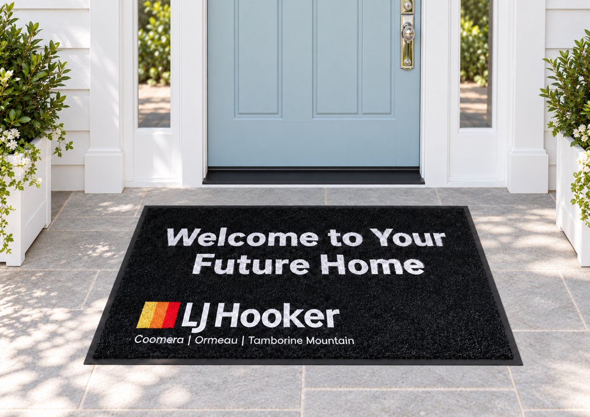 Black logo mat reading Welcome to Your Future Home with the LJ Hooker logo