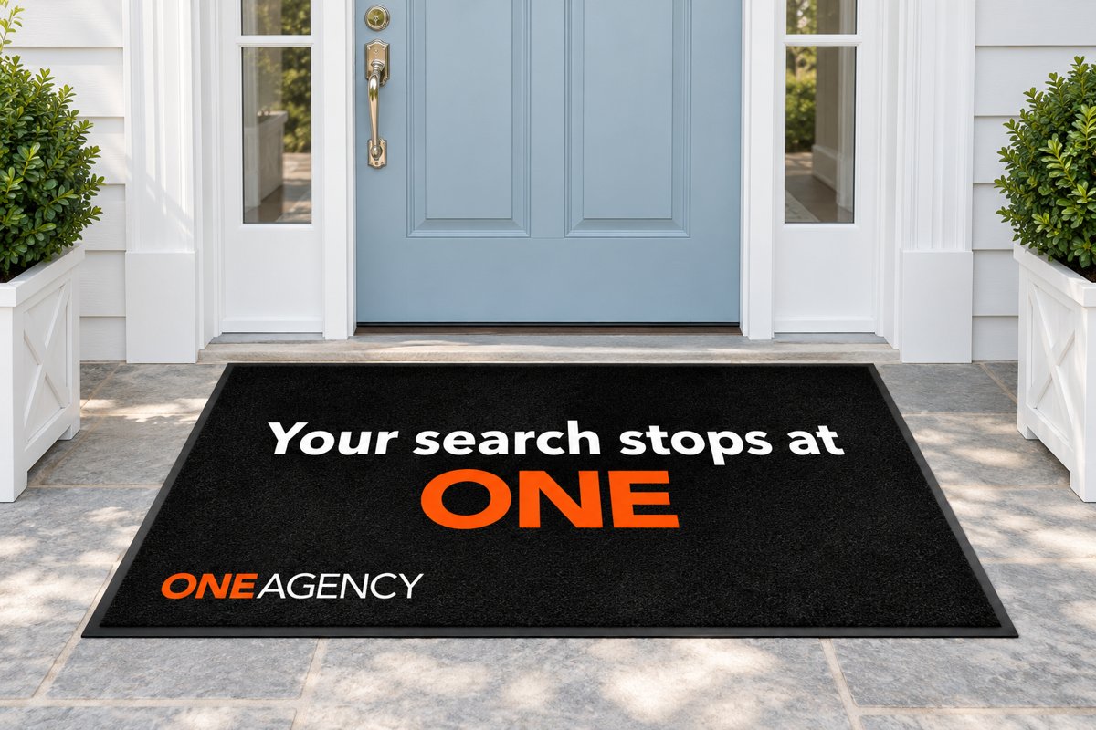 Black mat reading Your search stops at ONE with the One Agency logo
